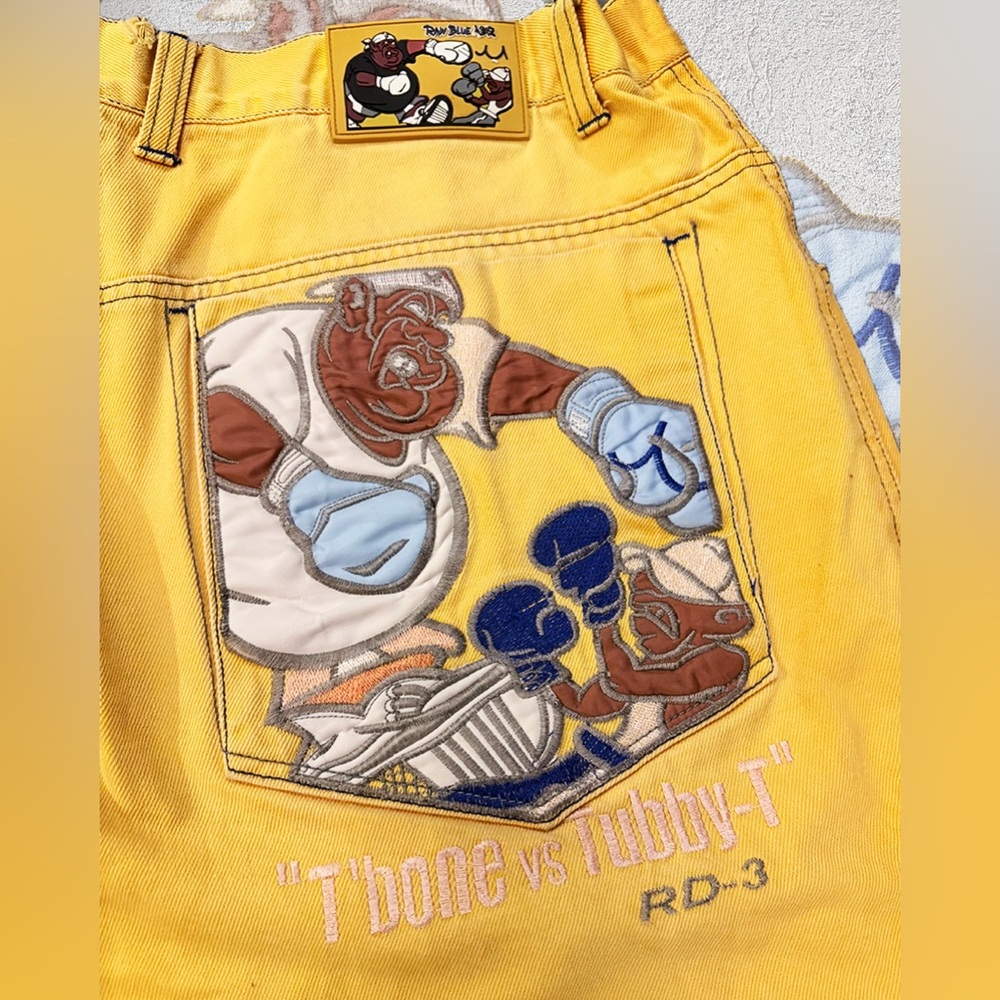 Y2K RAW BLUE Yellow Embroidered “T-Bone vs Tubby-T” Cargo Jorts (42x13)